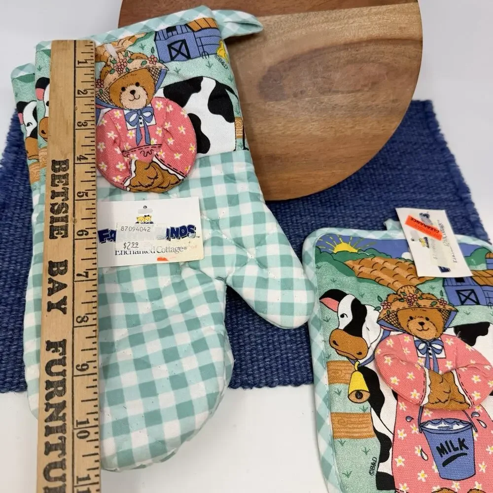 VTG 80s 90s Teddy Bears COW Kitchen Towel Dishcloth Potholder Set Deadstock NOS
